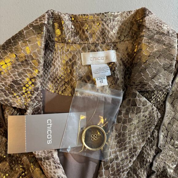 Chico's Women's Size 1 Medium Gold Metallic Luxe Snakeskin Ruched Ruffle Jacket - Picture 5 of 12